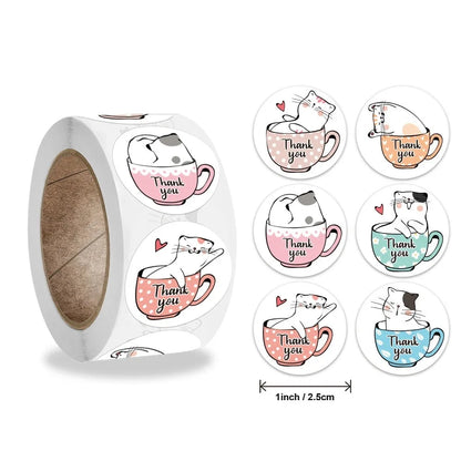 Cartoon Teacup Cat Thank You Stickers Roll