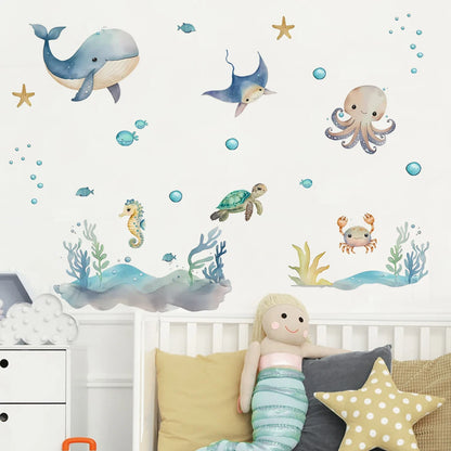 Cute Watercolor Boho Cartoon Marine Animals Wall Decal