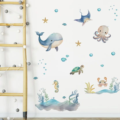 Cute Watercolor Boho Cartoon Marine Animals Wall Decal